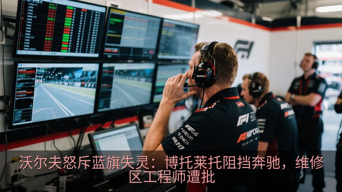赛车维修区墙上的工程师关注比赛